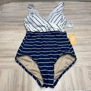 Kona Sol Small 4-6 Navy Blue & White V-Neck Full Coverage 1 Piece Swimsuit NWT